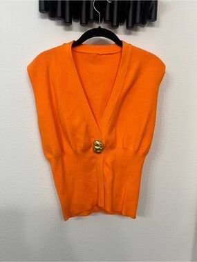 Orange V-Neck Sleeveless Sweater with Gold Button